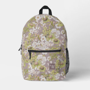 Sac À Dos Imprimé Élégant gris vert clair motif floral Monogramme