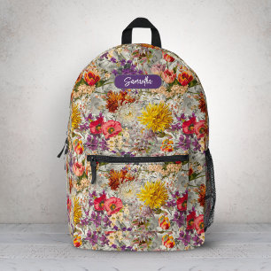 Sac À Dos Imprimé Élégant monogramme de motif gris fleuri violet