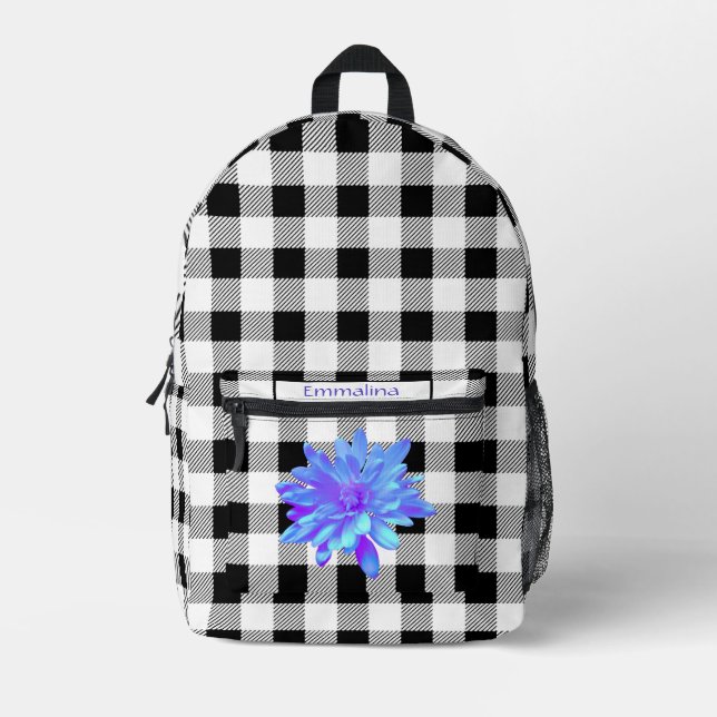 Sac À Dos Imprimé Élégant noir blanc en vichy boho violet fleuri (Recto)