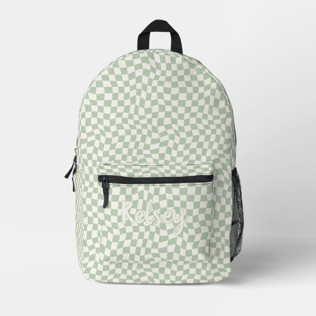Sac À Dos Imprimé Élégant Retro Wavy Green Check Nom du monogramme (Recto)
