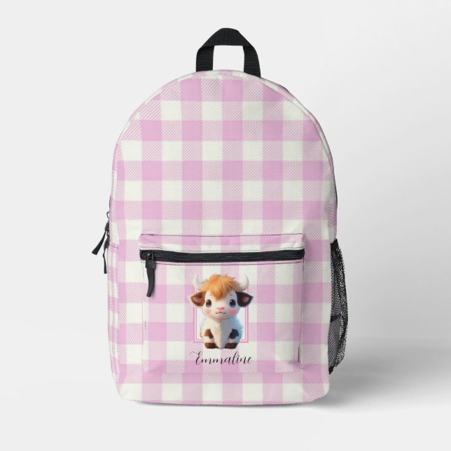 Sac À Dos Imprimé Elégant rose blanc plaid jolie vache personnalisat (Recto)