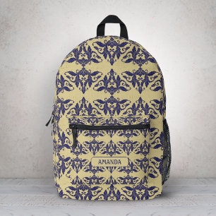 Sac À Dos Imprimé Élégant Vintage Navy Jaune Damas Monogramme Toile