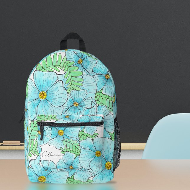 Sac À Dos Imprimé Elégante aquarelle Aqua Blue Flowers et verdure (Créateur téléchargé)