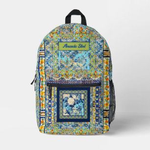 Sac À Dos Imprimé Élégante chinoiserie de tuile bleu floral monogram
