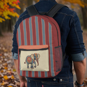 Sac À Dos Imprimé Eléphant et Dusty Blue Red Stripes avec Monogramme