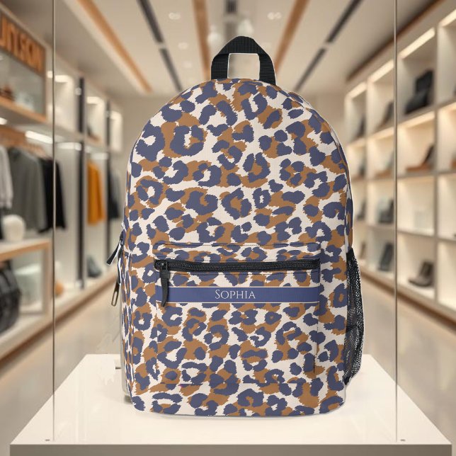 Sac À Dos Imprimé Empreinte de léopard-bleu et Brown (Leopard print backpack-blue and brown-personalized)