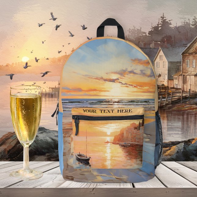 Sac À Dos Imprimé Eté Plage coucher de soleil Nautique (Sunny backpack featuring a painting of a sunset on the beach and on the pocket a coast with sailboat)