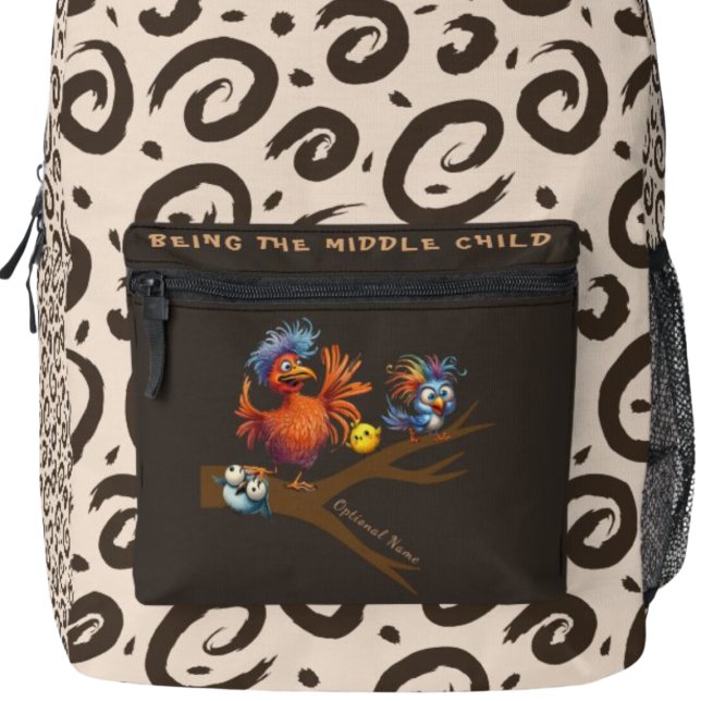 SAC À DOS IMPRIMÉ ÊTRE L'ENFANT MOYEN (Being the middle child backpack.  Sibling humor.)