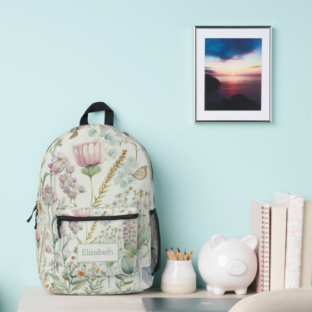 Sac À Dos Imprimé Éucalyptus fleur sauvage Nom du monogramme Initial (Monogrammed Boho Stylish Chic Wildflower Back pack for her.)