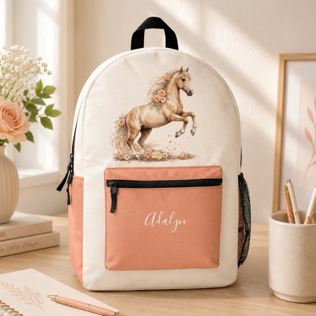 Sac À Dos Imprimé Fille Pêche Rose Cheval Monogramme Script (Créateur téléchargé)