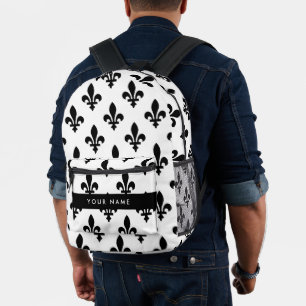 Sac À Dos Imprimé Fleur de Lis, Noir sur Blanc, Noir, Votre Nom