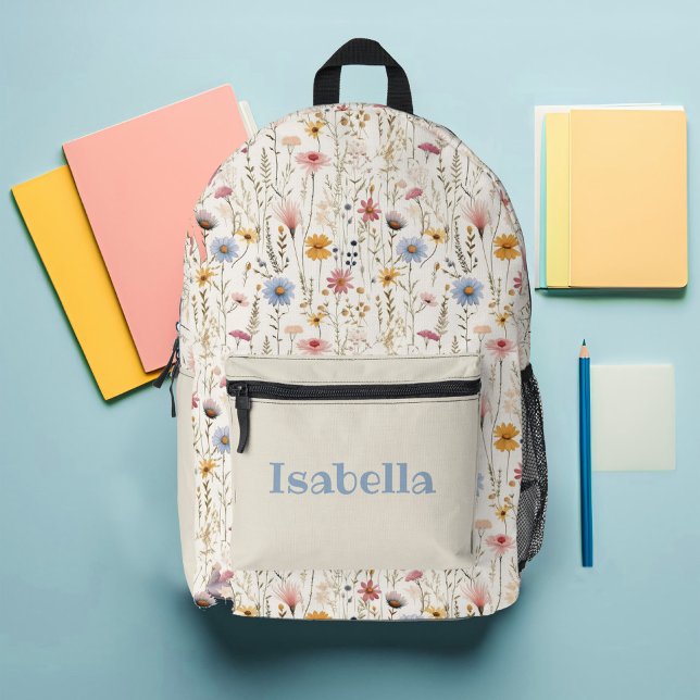 Sac À Dos Imprimé Fleur sauvage personnalisé (Cute and Girly Modern Watercolor Wildflower Pattern Custom Backpack)