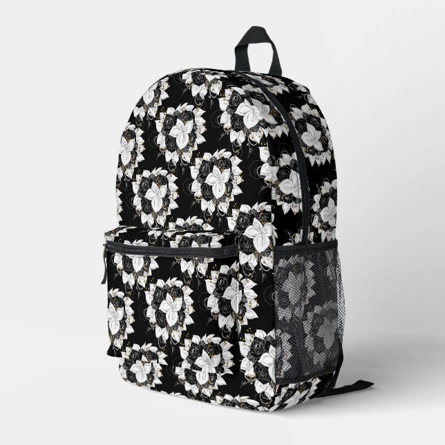Sac À Dos Imprimé Fleurs noires et blanches (Coin arrière droit)