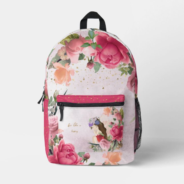 Sac À Dos Imprimé Fleurs Roses Et Fées Filles (Recto)