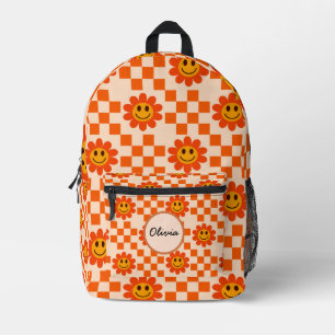 Sac À Dos Imprimé Fleurs Sourires Orange à Carreaux Nom Personnalisé