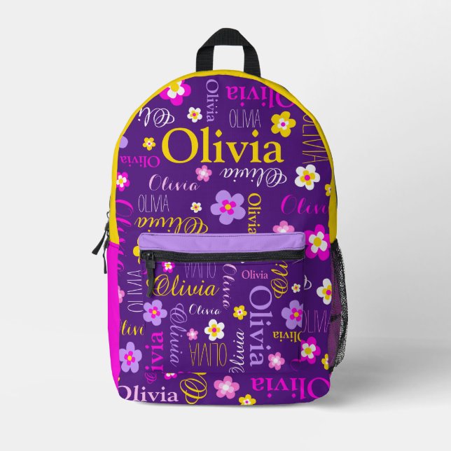Sac À Dos Imprimé Fleurs violettes roses nom personnalisé partout (Recto)