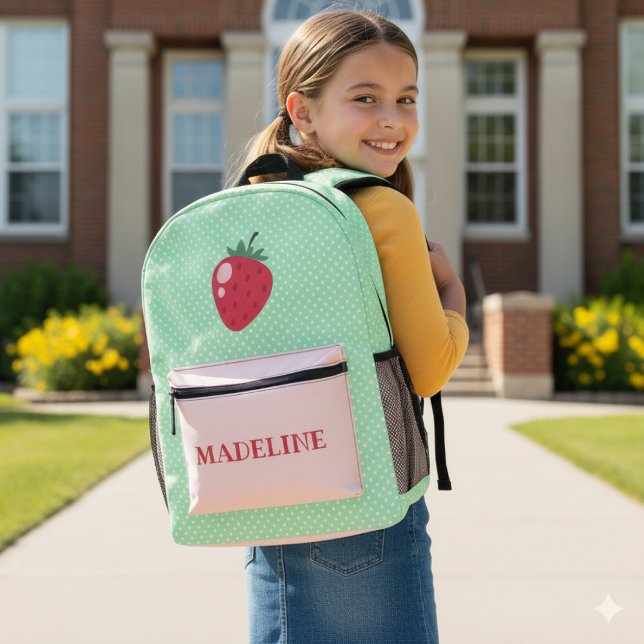 Sac À Dos Imprimé Fraises Green Polka Pot Girls (Green Polka Dot Strawberry Girls Custom Backpack)