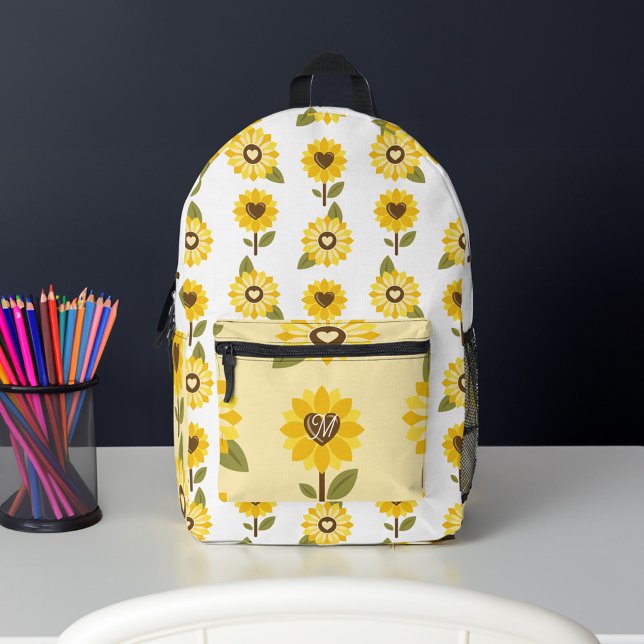 Sac À Dos Imprimé Fun Jote Sunflower Heart Motif Monogramme (Fun Cute Sunflower Heart Pattern Monogram Printed Backpack)