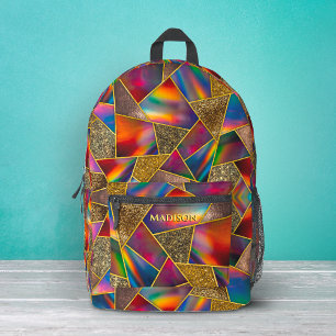 Sac À Dos Imprimé Géométrique holographique or rouge élégant