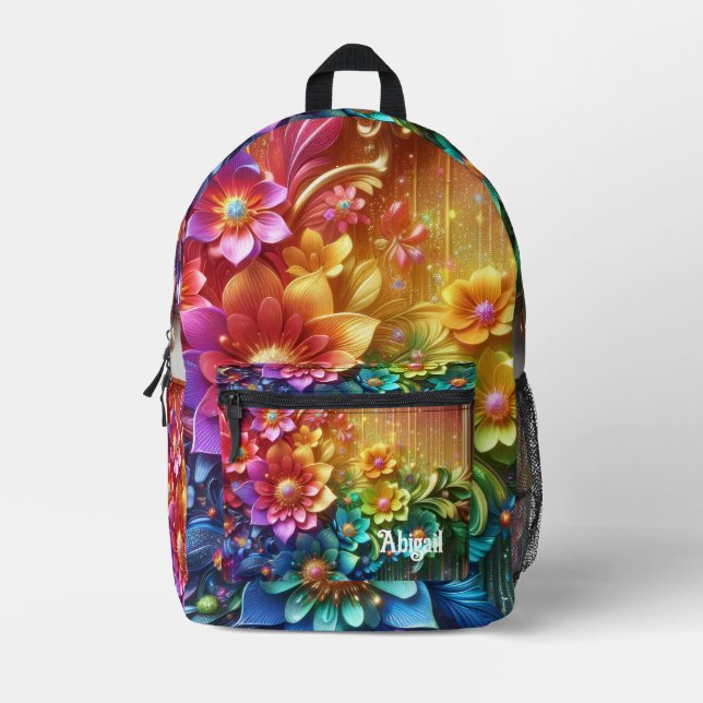 Sac À Dos Imprimé Girly Rainbow Flowers with Glitter Drips Backpack (Recto)