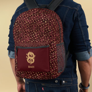 Sac À Dos Imprimé Gold Dragon on Burgundy with Stars Moon Monogram 