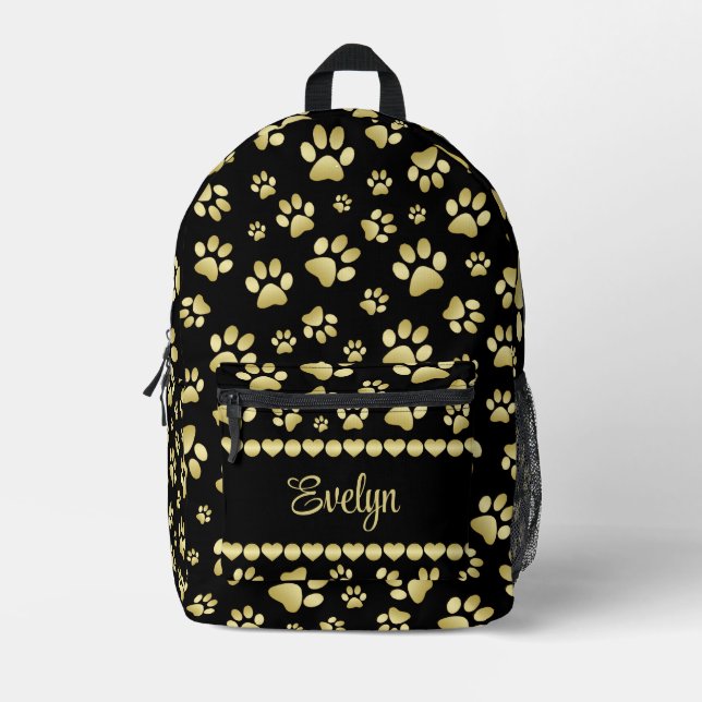 Sac À Dos Imprimé Golden Paw Prints on Black with Custom Name (Recto)