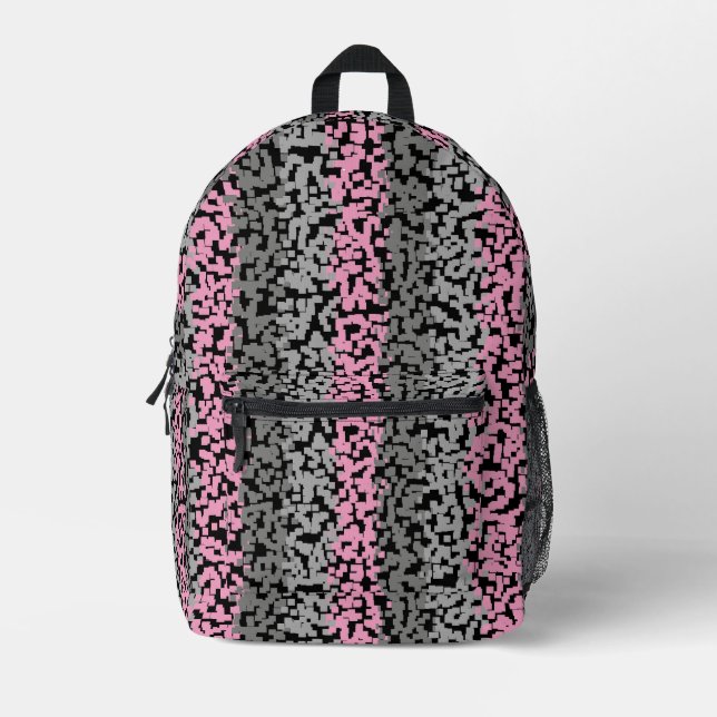 Sac À Dos Imprimé Gris rose noir numérique pixellisé rayures (Recto)