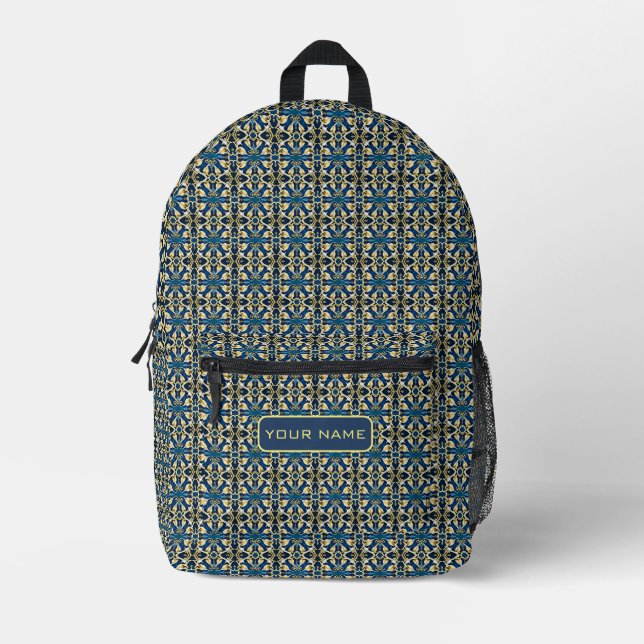 Sac À Dos Imprimé Harmonie baroque bleue et or Nom personnalisé (Recto)