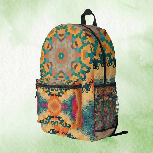 Sac À Dos Imprimé Hex Mandala orange et bleu (Orange and Blue Hexagon Mandala Backpack by Wormhole Orbital)