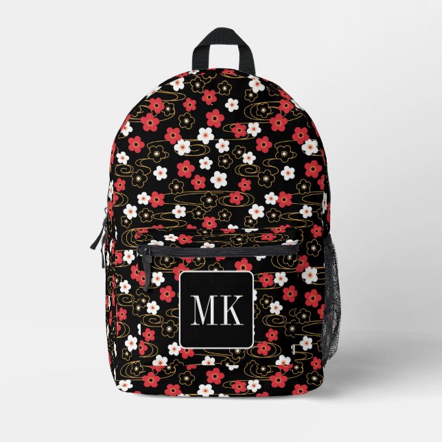 Sac À Dos Imprimé Initiales du monogramme noir Sakura en fleurs (Recto)