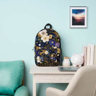 Sac À Dos Imprimé Japanese Sakura Floral Navy Gold Backpack