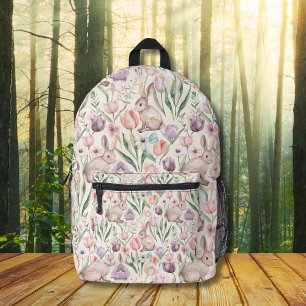 Sac À Dos Imprimé Joli Lapin Gris avec des Tulipes Colorées