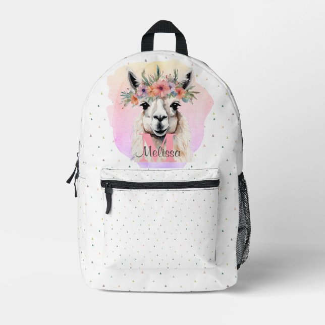Sac À Dos Imprimé Joli Llama animal rose Fleur sauvage Monogramme (Recto)