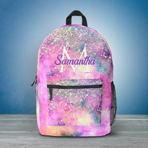 Sac À Dos Imprimé Joli monogramme iridescent argent faux paillettes
