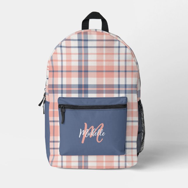 Sac À Dos Imprimé Joli Monogramme rose et bleu plaid (Recto)