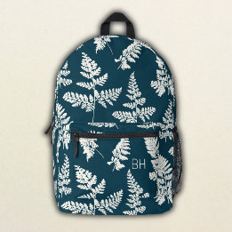 Sac À Dos Imprimé Joli Motif de fougères bleu et blanc Initiales
