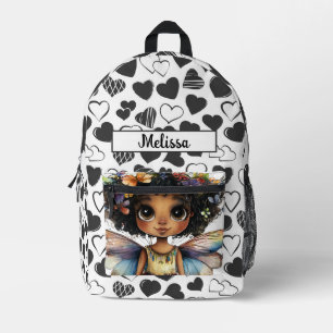 Sac À Dos Imprimé Jolie Fée Fille Noire Cœurs Nom Personnalisable 
