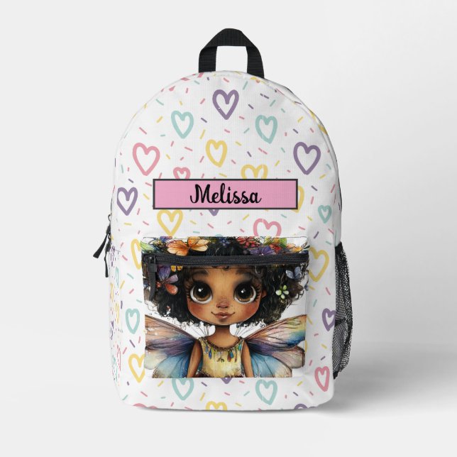 Sac À Dos Imprimé Jolie princesse fée fille noire nom personnalisabl (Recto)