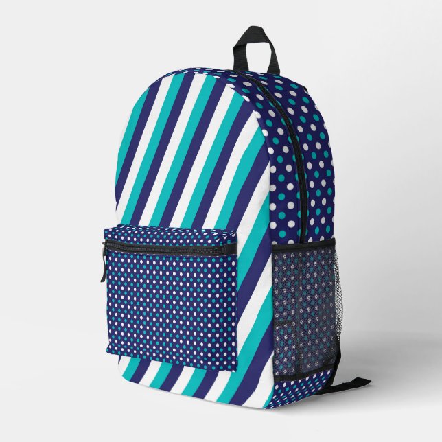 SAC À DOS IMPRIMÉ JOLIE TURQUOISE & MARINE STRIPES & POIS (Coin arrière droit)