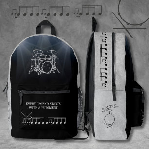 Sac À Dos Imprimé Légendaire batteur Black Gray Rudiment Musique