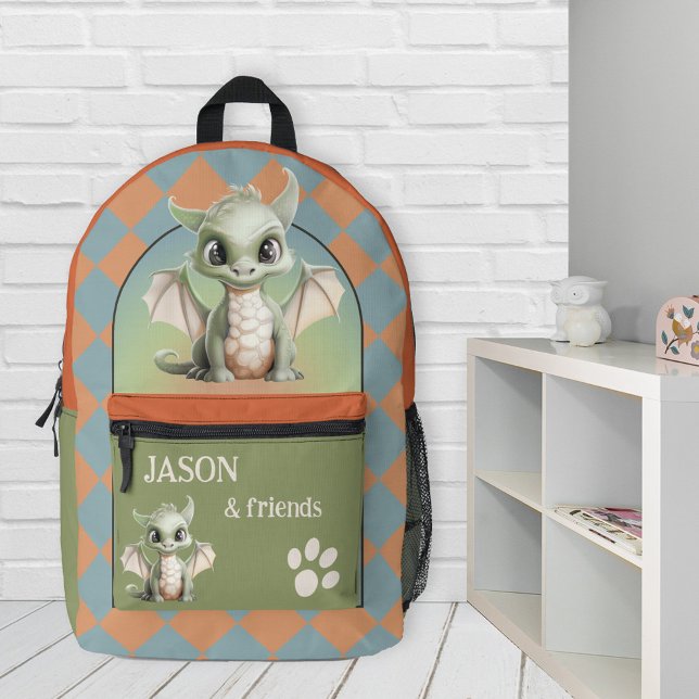 Sac À Dos Imprimé Les Amis Du Cute Dragon Reviennent À L'École (Backpack featuring a cute dragon on a checkered design in terra cotta, dusty blue and green)