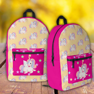 Sac À Dos Imprimé licorne arc-en-ciel rose et jaune nom