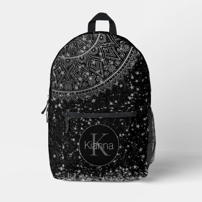 Sac À Dos Imprimé Mandala avec étoiles d'argent sur noir Personnalis (Recto)