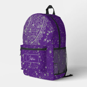 Sac À Dos Imprimé Mandala avec étoiles d'argent violet Personnalisé