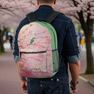 Sac À Dos Imprimé Martin-pêcheur vert sur les fleurs de cerisiers ro