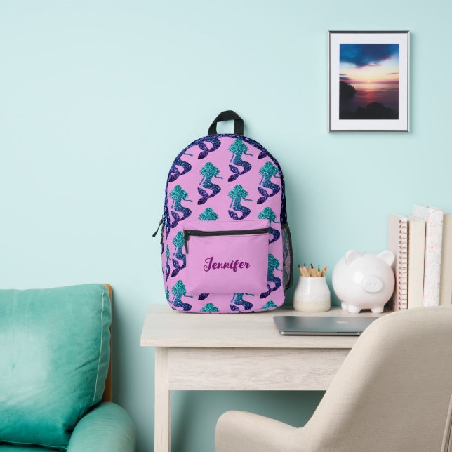 Sac À Dos Imprimé Mermaid aqua blue Sparkles nom personnalisé lavand (Insitu)