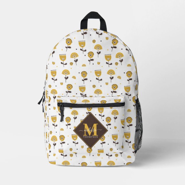 Sac À Dos Imprimé Mid Century Moderne Jaune Floral Nom Personnalisé (Recto)