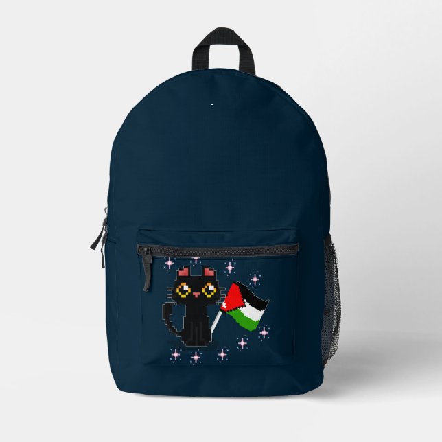 Sac À Dos Imprimé mignon chat noir tient drapeau de la Palestine (Recto)