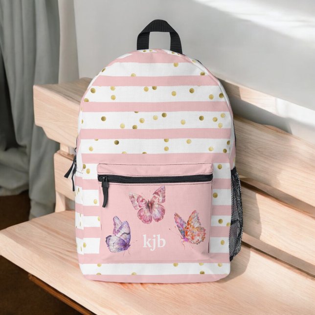 Sac À Dos Imprimé Mignonette rose Points Papillons Monogrammes Fille (Personalize with your monogram initials or name.)
