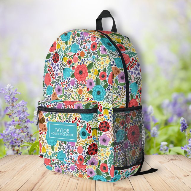 Sac À Dos Imprimé Modèle floral de coccinelle mûre Nom personnalisé  (Créateur téléchargé)